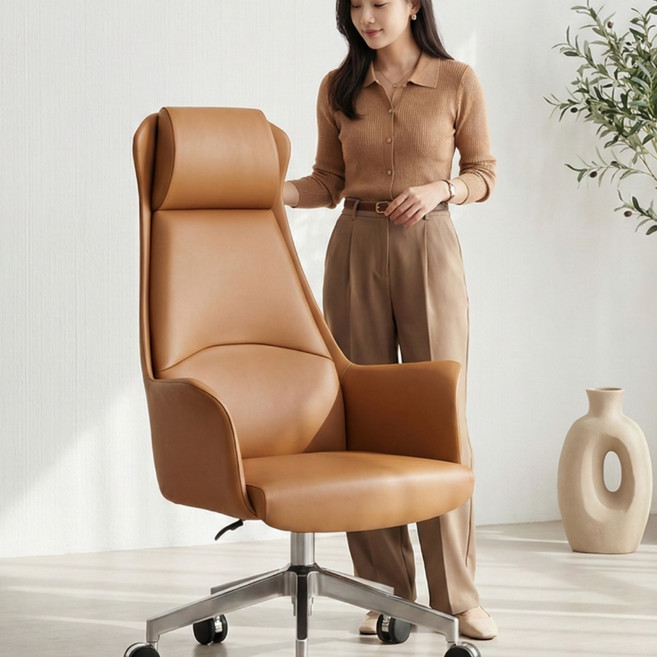 르블랑퍼니처 하이엔드 가죽 의자 사무실 회의실 컴퓨터 중역 로우백 하이백 오렌지 블랙 다크그레이 라이트그레이, 하이백(82cm), 스크레치방지가죽, 라이트브라운