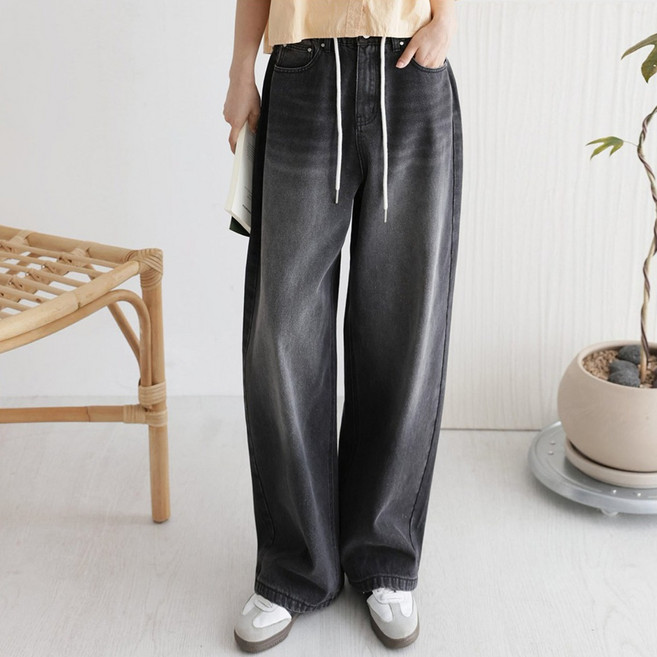 빅걸스토리 여성 빅사이즈 블랙 스트링 밴딩 롱와이드 데님팬츠