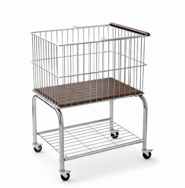 이동식 빨래바구니 2단 철제 세탁바구니 수납 트롤리 카트, 크롬 실버