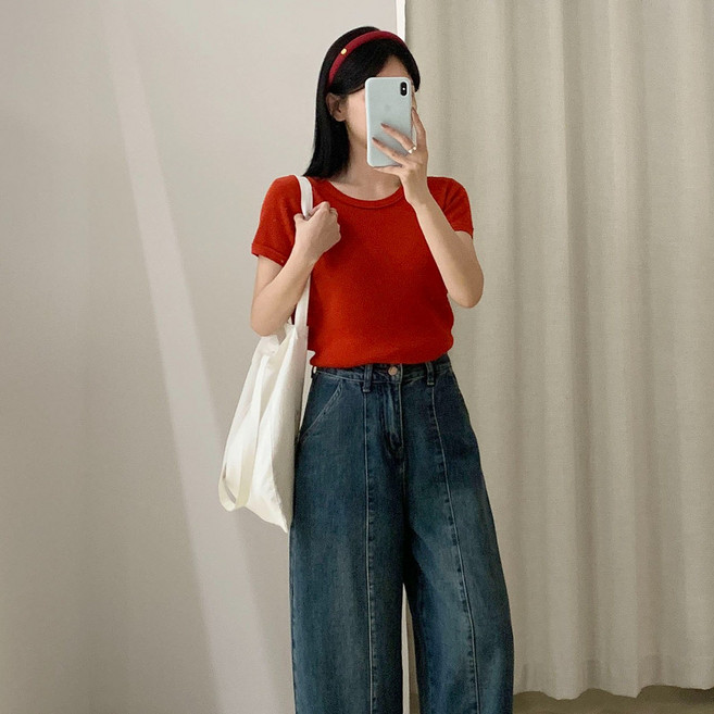 SONOVA 쏘노바 여성 슬림핏 골지 반팔 니트티 봄 여름 라운드넥 데일리 필수템 티셔츠