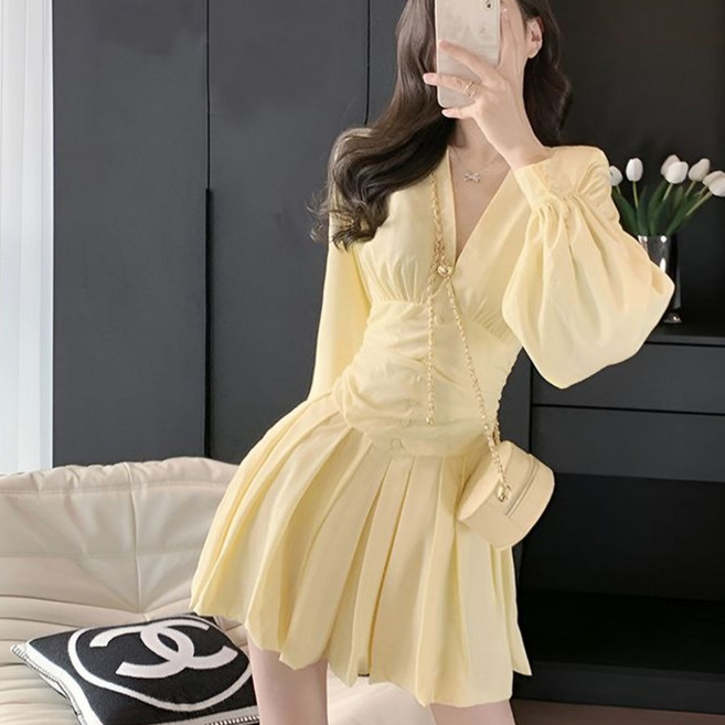 여성 셔링 원피스 퍼프 소매 슬림핏 플레어 스커트WZS60211