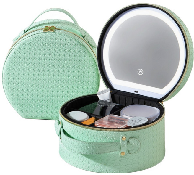 프라홈 라운드 LED 거울 메이크업 하드 케이스 방수 파우치 가방, 민트