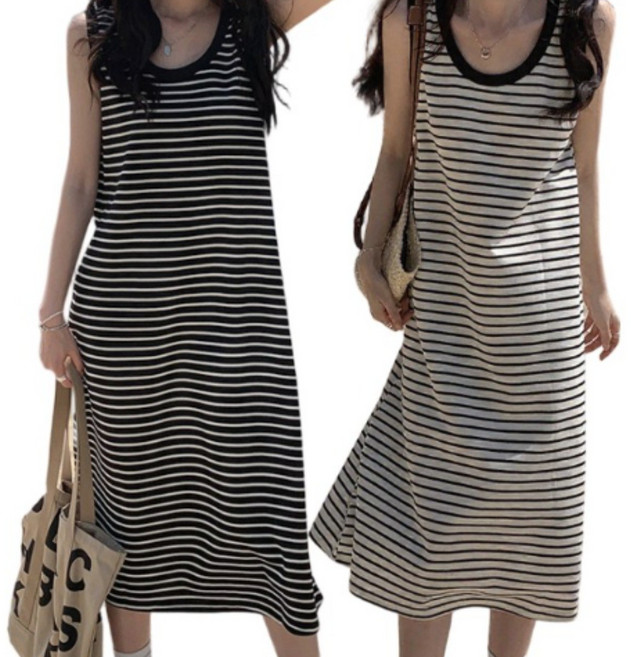 베르슈어 스트라이프 루즈핏 롱 나시 원피스 2종 세트