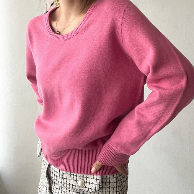 네모엔룩 딥라운드홀가 여성용 홀가먼트 무봉제 울혼방 베이직핏 긴소매 라운드 U넥 니트