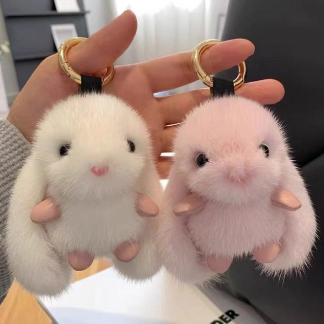 툴이모니 부드러운 천연 토끼 인형 가방고기 열쇠키링, 5.화이트+핑크, 2개