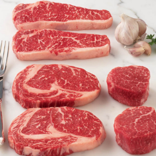 냉장 프라임 스테이크 샘플러 립아이 등심스테이크 채끝등심 안심스테이크 미국산 블랙앵거스, 1개, 900g