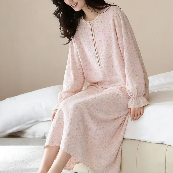 Soyoonlife 여성 긴팔 면파자마 소프트 롱스커트 파자마 여성용 루즈핏 홈웨어 원피스 봄여름 잠옷