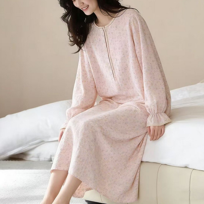 Soyoonlife 여성 긴팔 면파자마 소프트 롱스커트 파자마 여성용 루즈핏 홈웨어 원피스 봄여름 잠옷