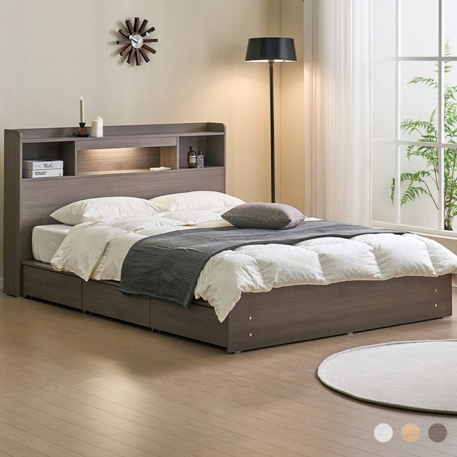 보루네오 코코 LED 3서랍 수납 침대 본넬매트리스 세트 D, 브라운워시