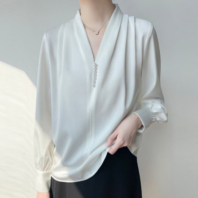 나바바 NB3005 여성 오피스 무지 진주 브이넥 긴팔 블라우스