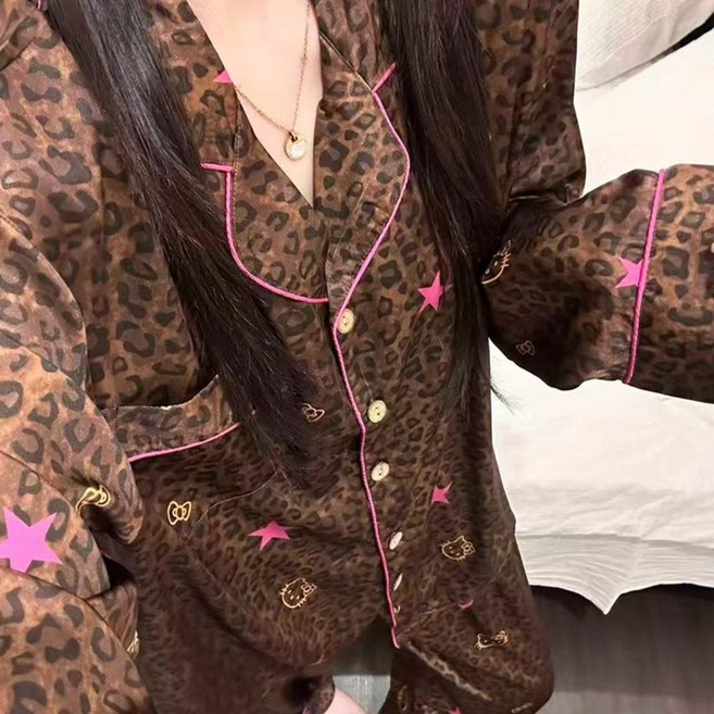 Lris 키티 호피 여성 잠옷 세트 긴팔 긴바지 홈웨어 홈웨어