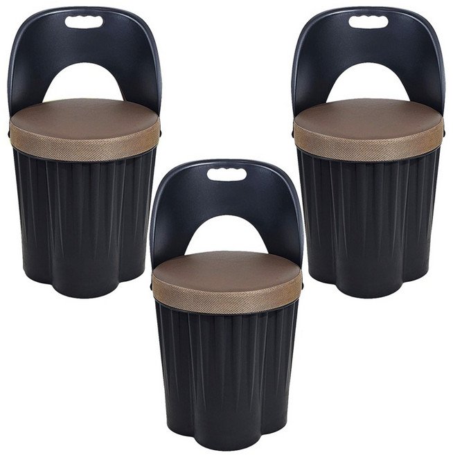 천하퍼니처 국내생산 등받이 일체형 수납 스툴 원형원통 깡통의자 블랙, 블랙/브라운, 3개