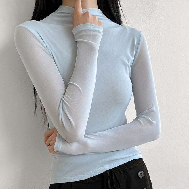 여리핏 보들 스판 슬림라인 두겹 시스루 반목 폴라 긴팔 티