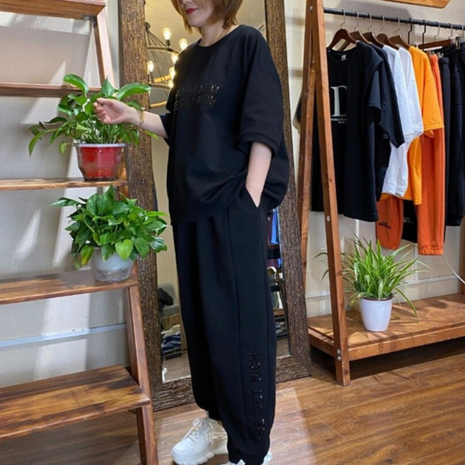 新款夏裝女款兩件式運動套裝 寬鬆短袖+長褲休閒套裝 透氣吸汗穿搭 a0280