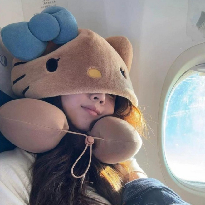 헬로키티후드형U자 목베개 여행용 비행기기차전용, 모자 + U자형 베개