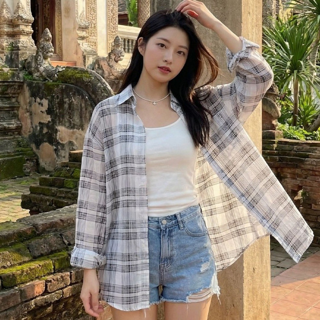 상상그이상 여성용 아사체크 남방 박스핏 간절기 체크셔츠 시스루 레이어드룩 시원한셔츠
