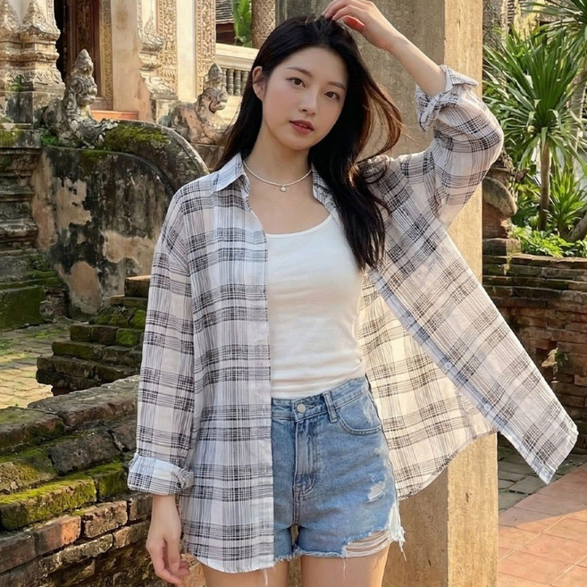 상상그이상 여성용 아사체크 남방 박스핏 간절기 체크셔츠 시스루 레이어드룩 시원한셔츠