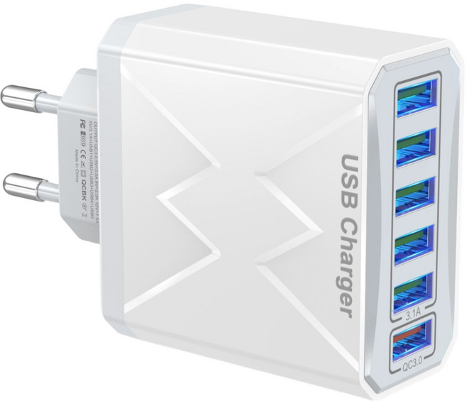 65W 6포트 USB 고속 충전기 iPhone 삼성 호환, 1개, 흰색