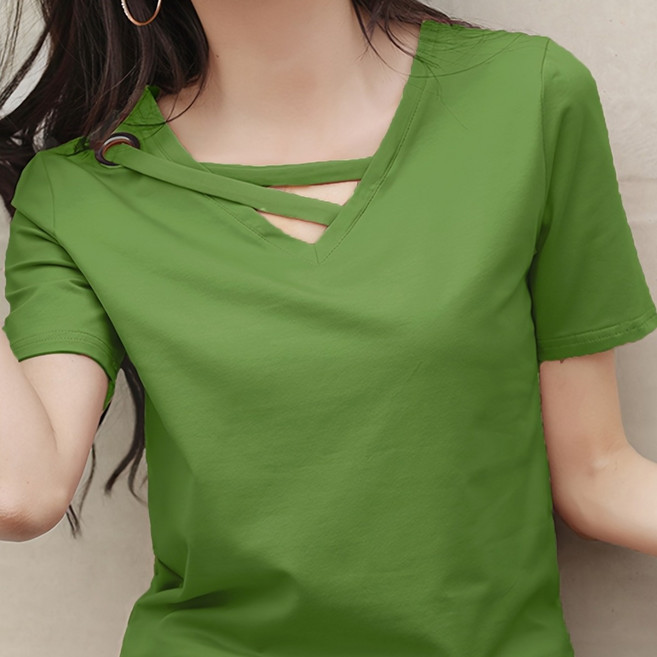 여름 브이넥 반팔 캐주얼 티 상의