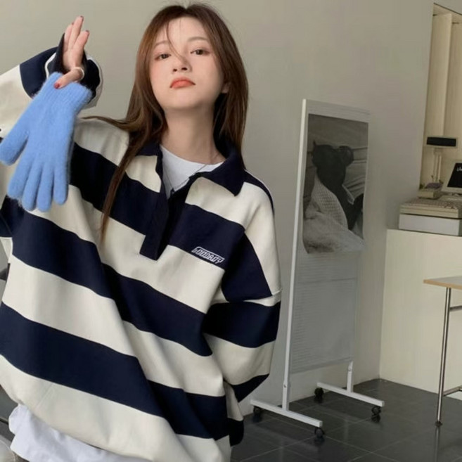 COSYEVNO 봄가을 여성용 루즈핏 폴로 칼라 스트라이프 스웨트셔츠