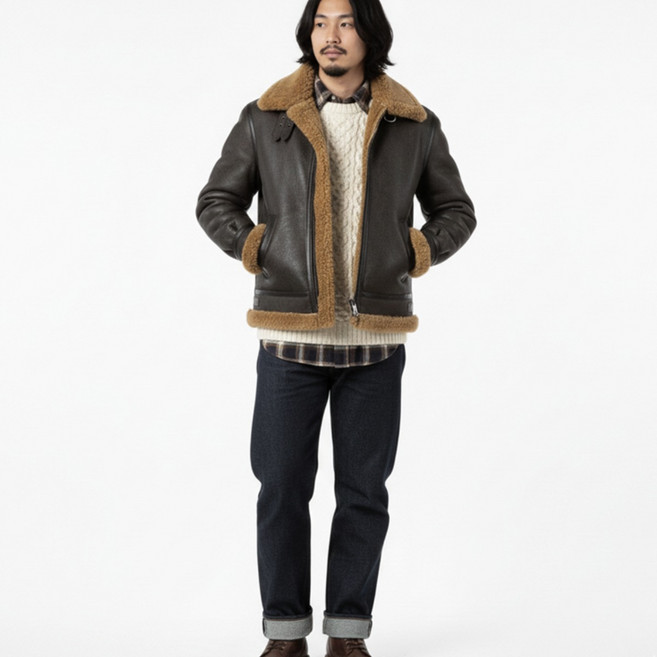 남성 빈티지 B-3 시어링 리얼 퍼 무스탕 자켓 브라운