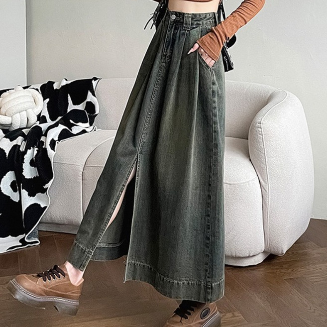 TIMEPURE 여성 봄가을 슬릿 데님 롱 스커트 하이웨스트 청치마