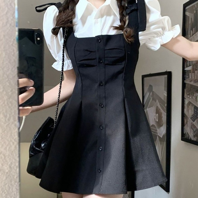 스타일닥터 셔츠+멜빵 원피스 세트 여 여름 스위트 투피스