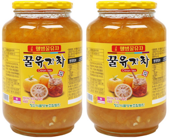 톡이네 채썰어 만든 고흥 꿀 유자차 유자청 국산 대용량 카페 업소용 회사 탕비실 웰빙 차 청, 1세트, 2개입, 2kg