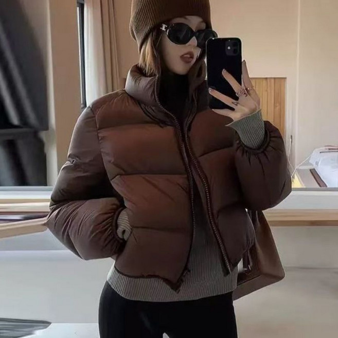 오스틱니 2025 여성용 겨울 단색 루즈핏 아우터 도톰한 스탠드칼라 빵빵한 패딩 코트 외출 간절기