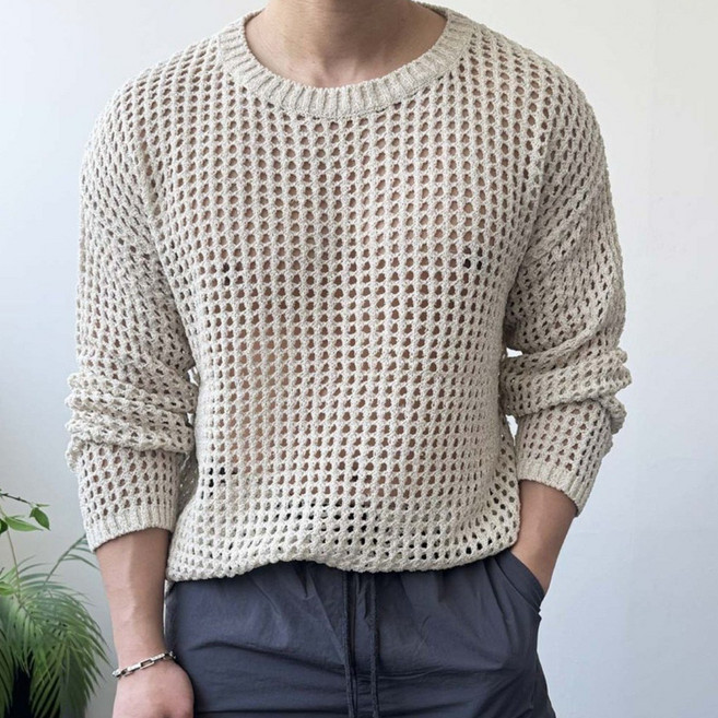 파트 남자여름니트 시스루 망사니트 오버핏 루즈핏 펀칭 쿨 아이스 여름긴팔니트
