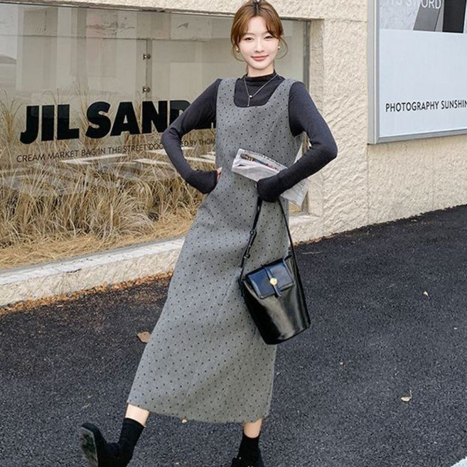 여성 그레이 도트 원피스 세트 가을 겨울 슬림핏 이너웨어 투피스