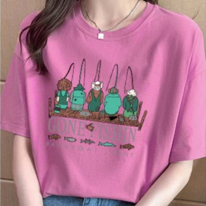 스타일아유 오버핏 면100% 반팔티 낚시 로고 여성용 빅사이즈 박시 반팔티셔츠 반팔 티셔츠[AYG6TS339A]