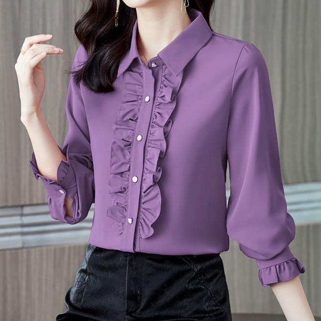 ROYALBELLE 여성 기모 두꺼운 솔리드 프릴 장식 카라넥 남방 패션 오피스 긴팔 셔츠 M0111220