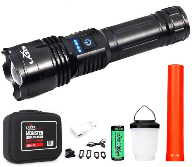 4000루멘 몬스터 LED 후레쉬 XHP160 충전식 캠핑 낚시 랜턴 KC인증 5000mAh 배터리 풀세트, 블랙, 1세트