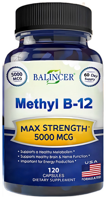 메틸코발라민(메틸 B-12)이 함유된 비타민 B12-5000 MCG 보충제 - 최대 강도의 비타민 B 12 지원으로 자연 에너지를 강화하고 뇌와 심장 기능에 도움이 됩니다., 60캡슐, 1개, 60정