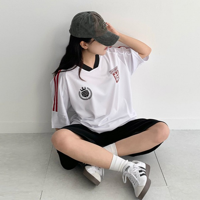 모모핏 샤이닝 V넥 럭비 져지 반팔 티셔츠 블록코어 Y2K