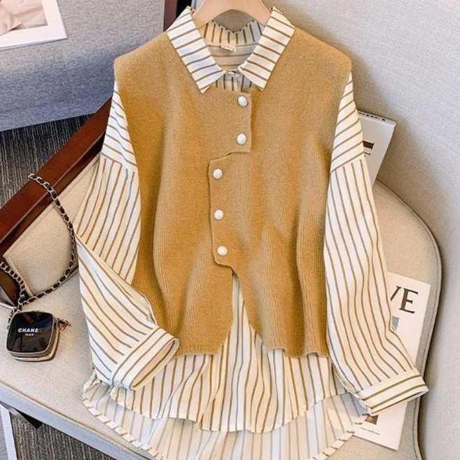 150kg까지 빅사이즈 여성 고급감 페이크 레이어드 날씬해보이는 젊어 보이는 카라 셔츠 가을 편한 스트라이프 단추넥 배색 예쁜 심플 얇은 루즈핏 비대칭 3xl 4xl 상의 남방