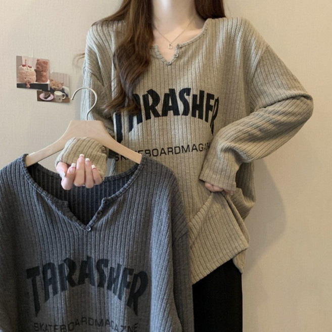 타임퓨어 1+1 여성 100kg까지 빅사이즈 레이어드 맨투맨 여성 봄 가을 편한 V넥 긴발