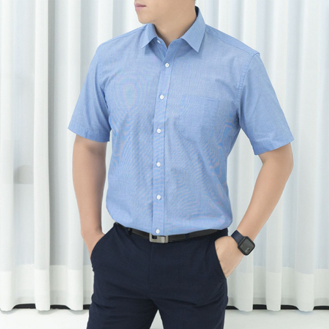시원한 여름 반팔 빠른 땀흡수 단정한 솔리드 스카이블루 파란색 반팔 셔츠_RFM21002