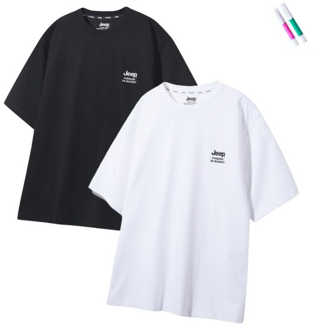 5위 - 지프 JEEP 반팔 티셔츠 남녀 공용 커플 세미 오버핏 반팔티 1+1 화이트 블랙 2팩(싹스틱 구성)