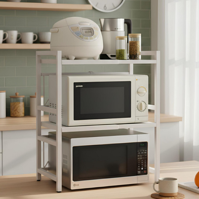 홈프로 조립식 높이조절 길이조절 전자레인지 선반 다용도 선반, 2단, 화이트