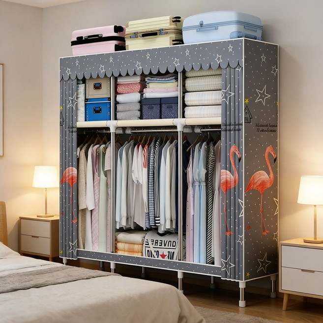 [시스슈] 강화 철제 3단 이동 옷장 시스템 - 먼지방지 커튼과 대용량 하단 수납이 있는 조립식 합금 비키니 옷장, 회색