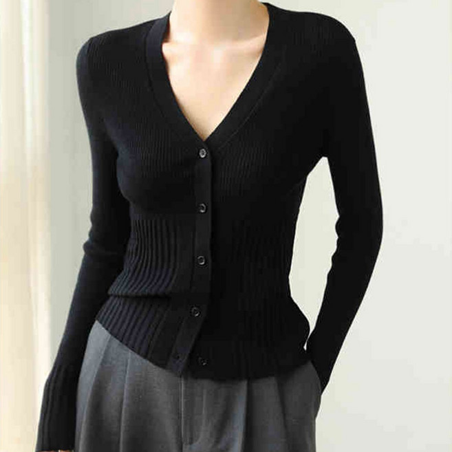 지니우우 V넥 골지 슬림핏 가디건 J0177A