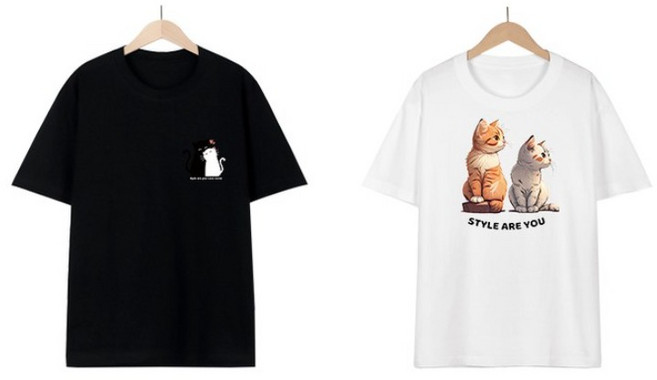 (2장 세트) 스타일아유 남녀공용 고양이 패턴 루즈핏 레이어드 박스 면 반팔 커플 티셔츠 TS2561