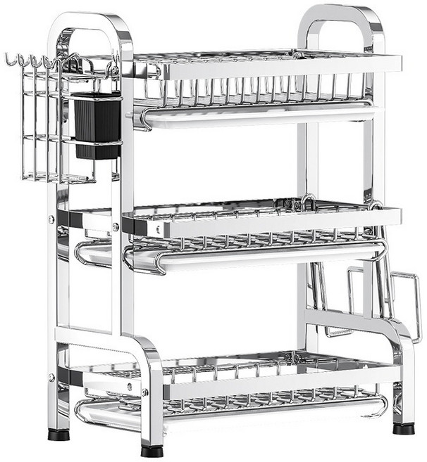 不鏽鋼碗碟架多功能廚房置物架瀝水碗架碗筷架碗盤刀架碗櫃收納, 1個, 43cm三層全配:如圖, 1層