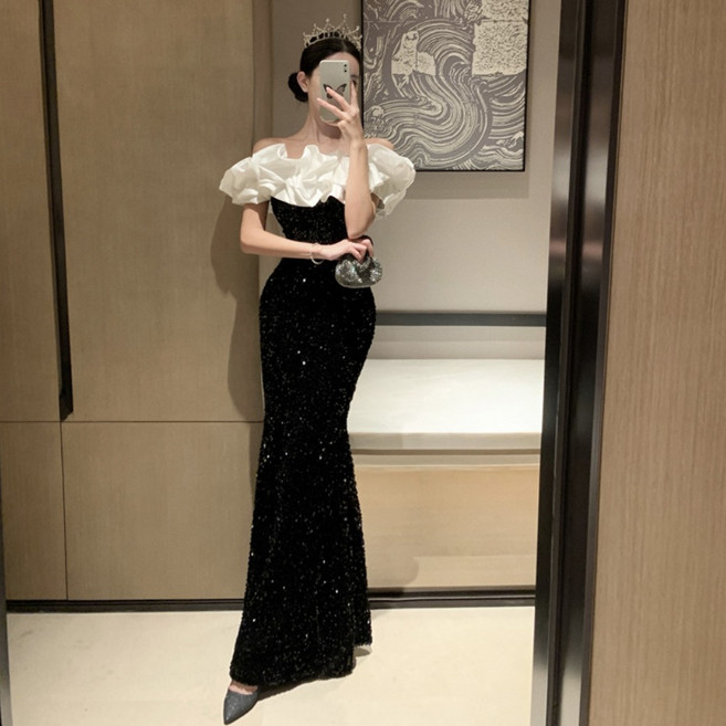 DFMEI 實拍 一字肩亮片絲絨禮服連衣裙長款