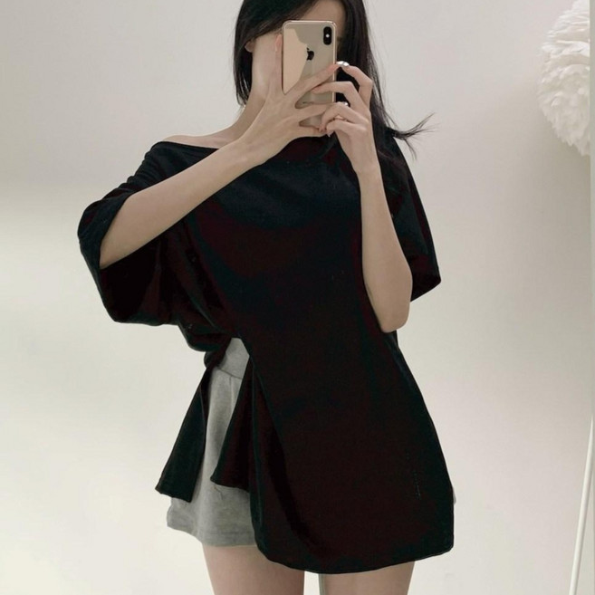 투디 여리핏 썸머 바이오워싱 루즈핏 오프숄더 트임 반팔티셔츠 박스티 국내제작 3컬러