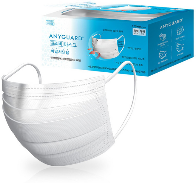 [애니가드] 프리비라 이트 비말차단마스크 KF-AD 대형, 60개입, 2개, 화이트