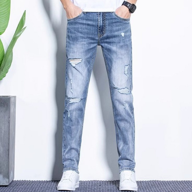남성 찢청 데님 팬츠 캐주얼 봄 여름 하이웨이스트 스판 청바지 슬림핏 찢어진 데님 팬츠 CY