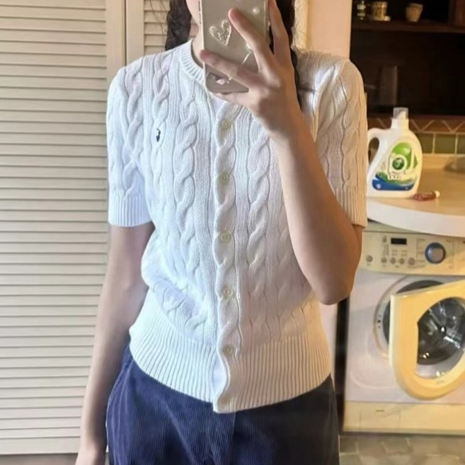 폴로랄프로랜 여성 반팔 가디건 니트 케이블 스웨터 화이트